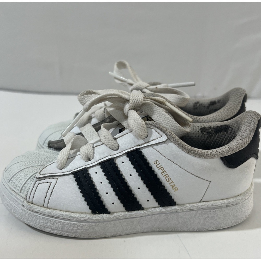 Adidas Kids Superstar White Leather Black Stripe‎ Shoe Sneaker Lace Up Size 7k